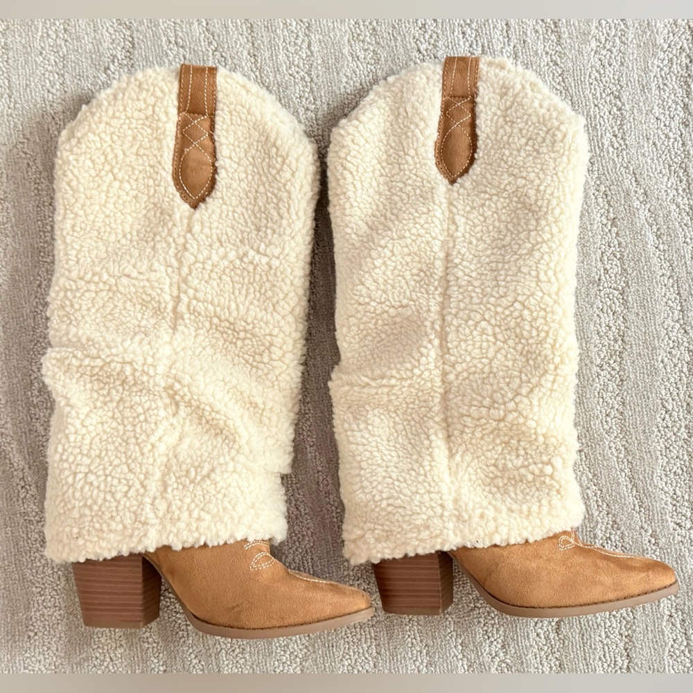 Cream and Tan Shearling cowboy Boots